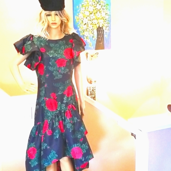 80's MORTON MYLES Red a Roses Ruffles Green BG Holiday Party Festive Midi Dress - Picture 3 of 16